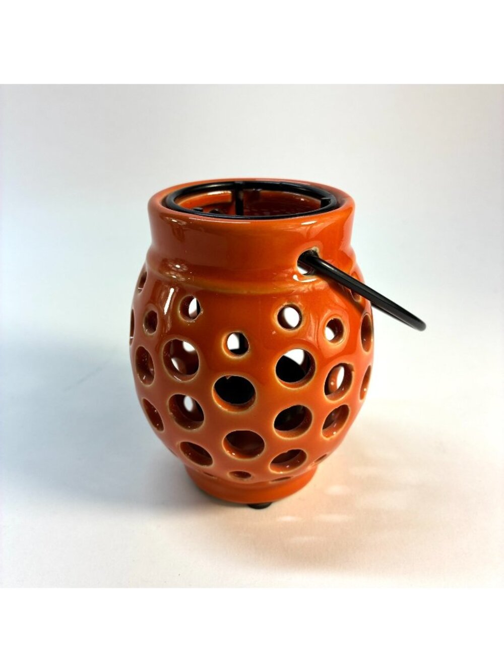 Sanibel Home Orange Ceramic Candle Holder Lantern Tea Light Hanging Handle 4"